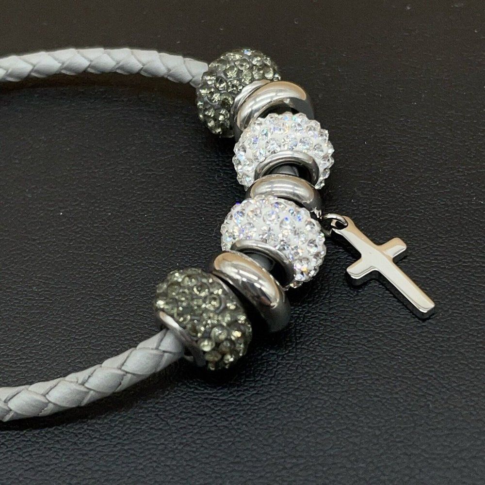 Bracelet Crystal Beads Religious Gray Leather Stainless Steel Cross Polished 7.5 - Picture 6 of 7